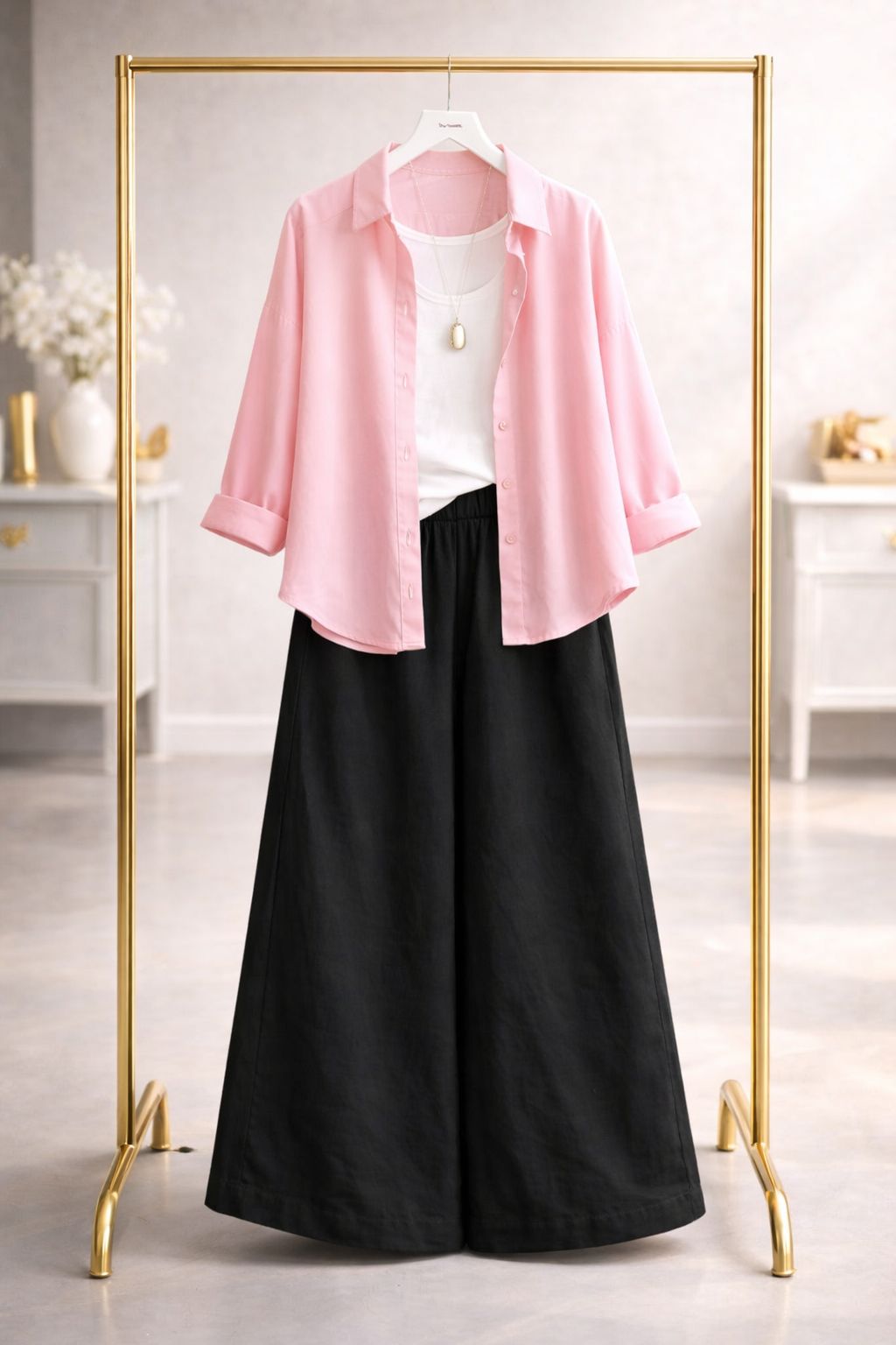 Baby pink button down with black flapper trouser white inner