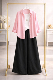 Baby pink button down with black flapper trouser white inner