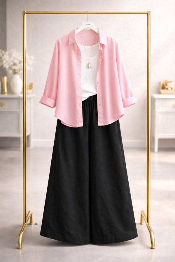 Baby pink button down with black flapper trouser white inner