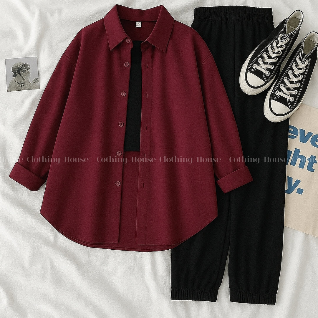 Maroon button down shirt with black trouser and black camisole