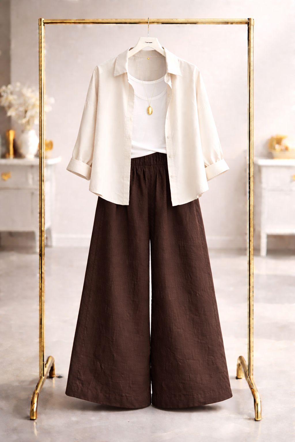 Skin button down with brown flapper trouser white camisole
