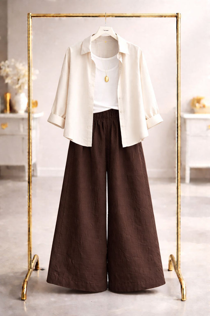 Skin button down with brown flapper trouser white camisole
