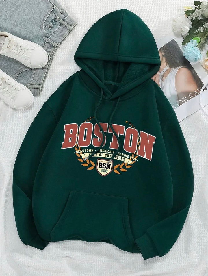 BOSTON front dark green hoodie