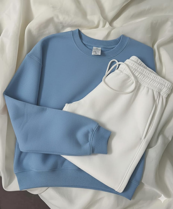 Sky blue sweatshirt with White trouser