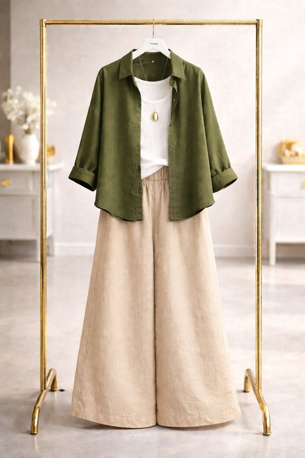 Olive button down with beige flapper trouser white camisole
