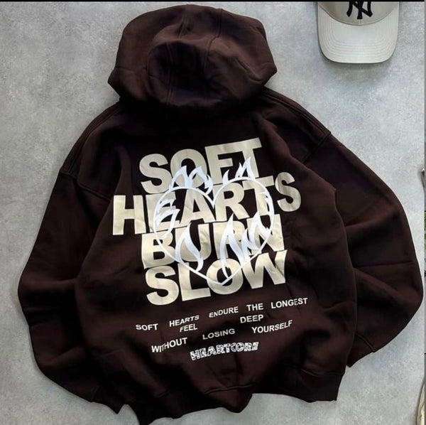 SOFT HEARTS BURN SLOW back brown hoodie