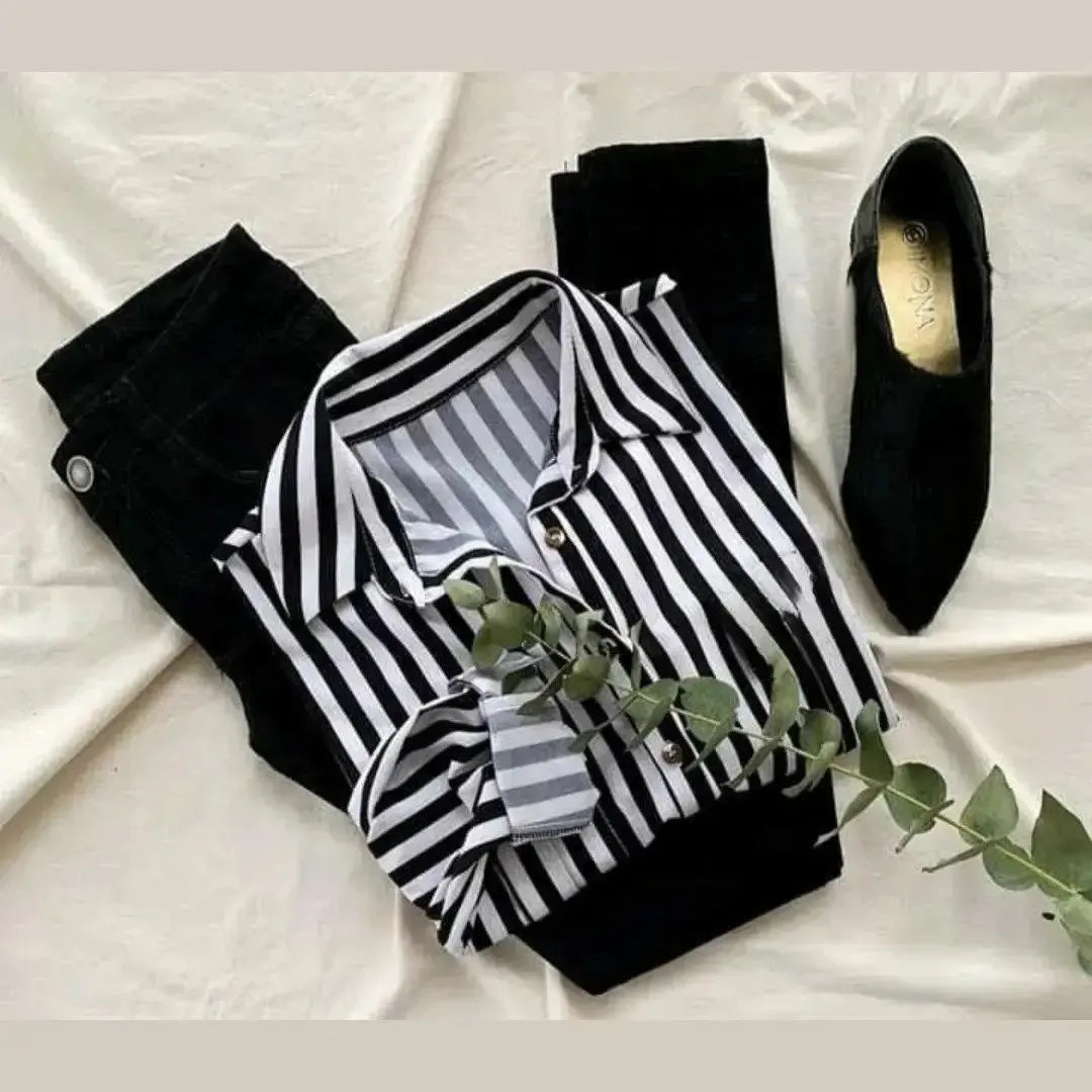 Black white stripes shirt with black wide leg jeans