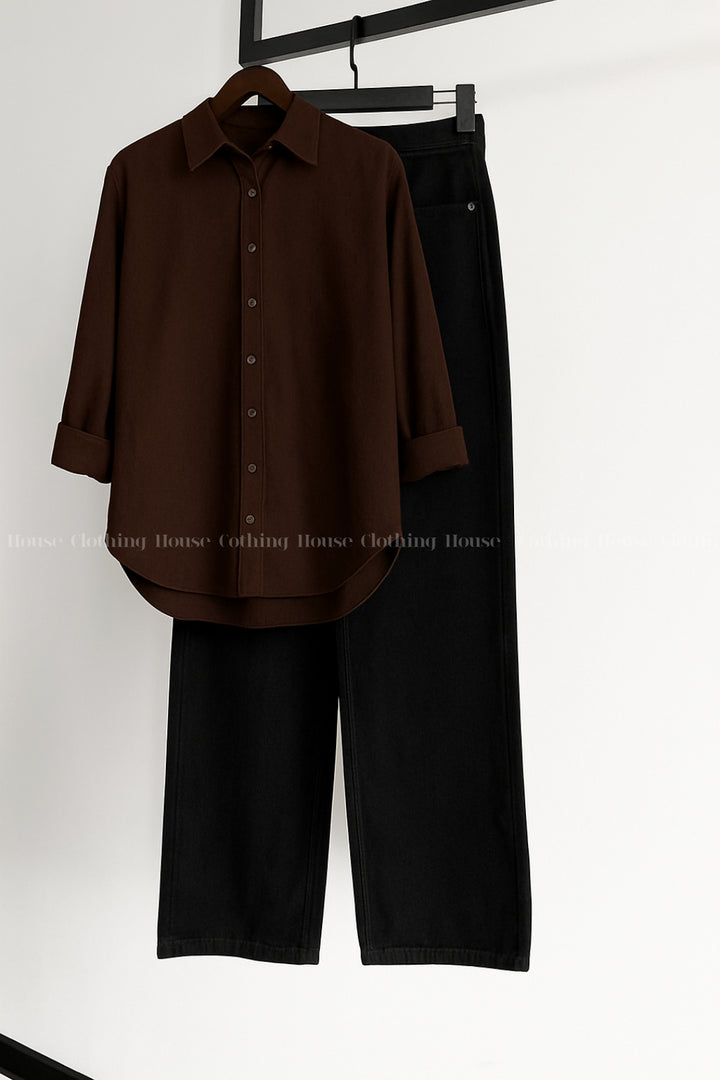 Dark brown button down shirt with black wide leg jeans