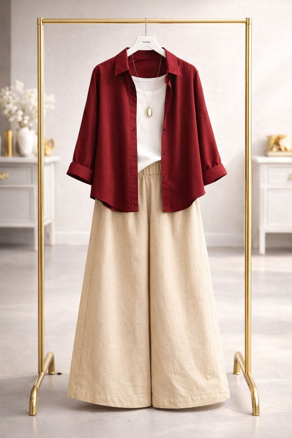 Maroon button down with  beige flapper trouser and white camisole