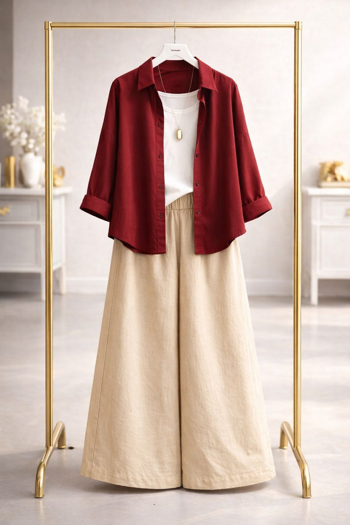 Maroon button down with  beige flapper trouser and white camisole