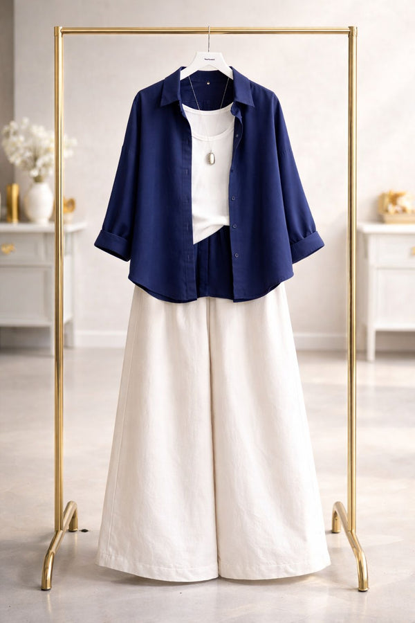 Navy blue button down with white flapper trouser white camisole