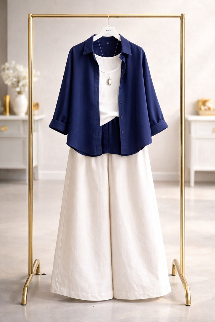 Navy blue button down with white flapper trouser white camisole